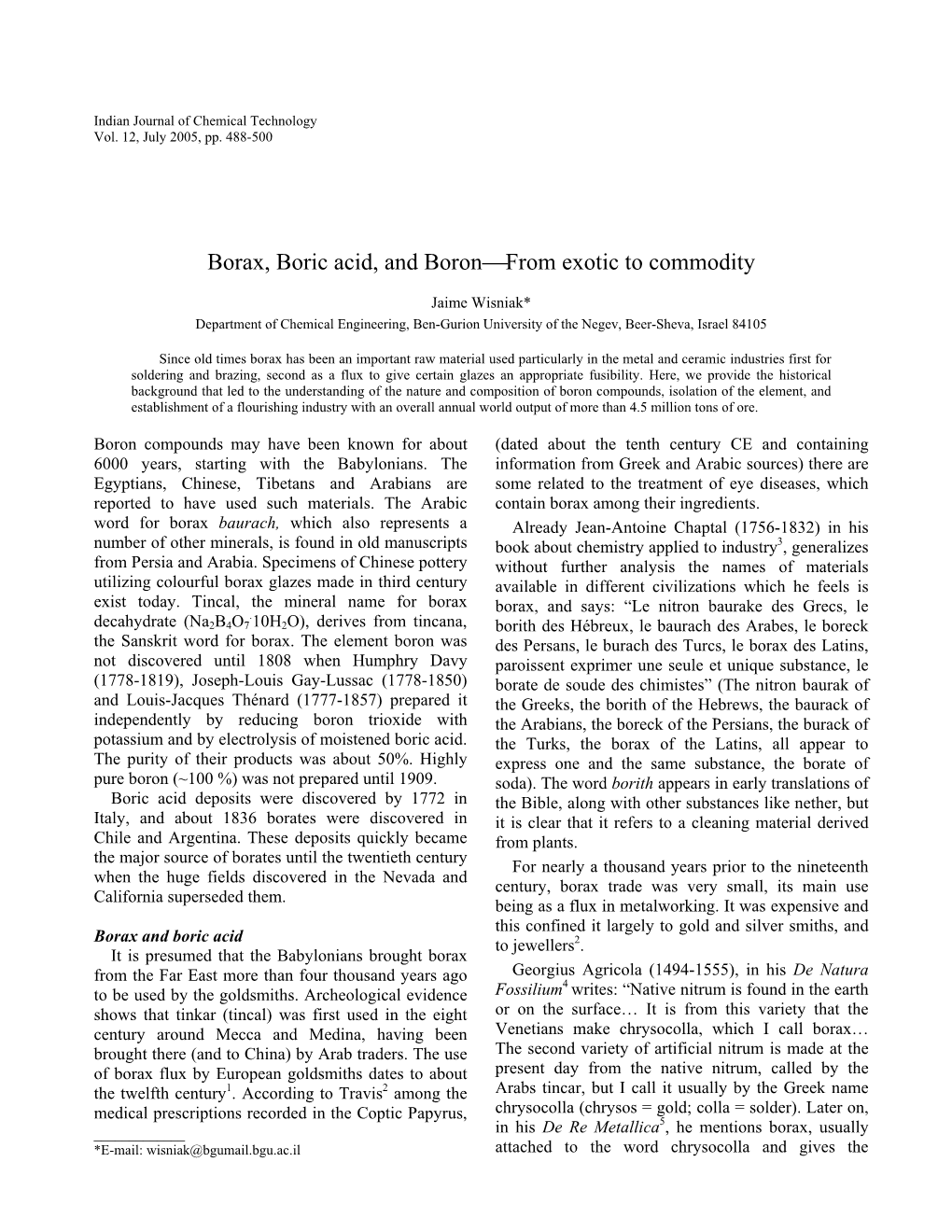 Borax, Boric Acid, and Boron from Exotic to Commodity