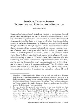 Dem Bow, Dembow, Dembo: Translation and Transnation in Reggaeton