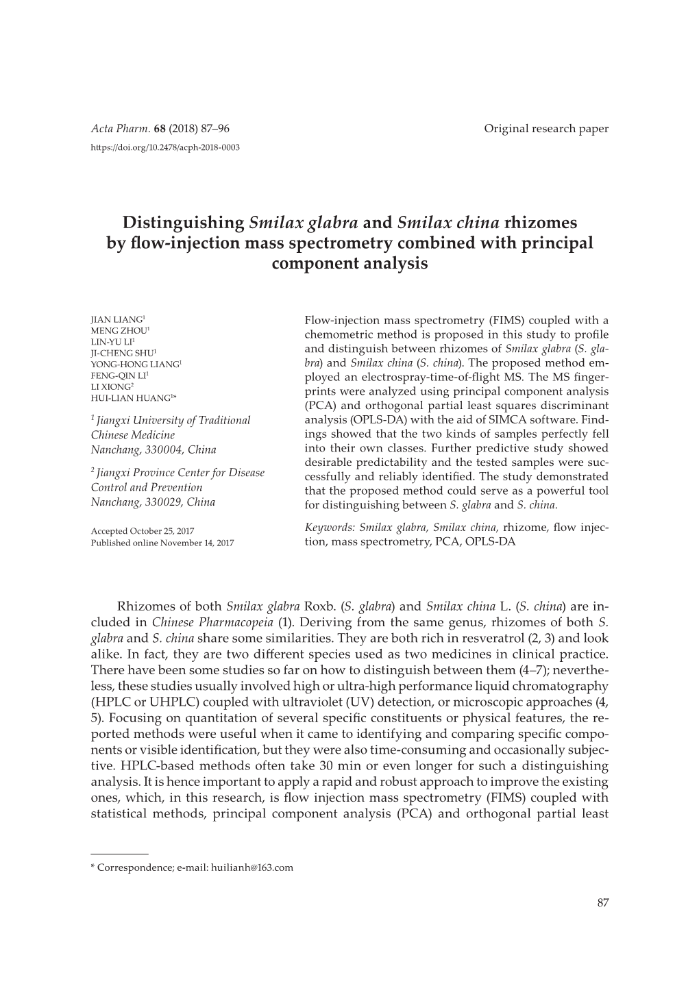 Distinguishing Smilax Glabra and Smilax China Rhizomes by Flow-Injection Mass Spectrometry Combined with Principal Component Analysis