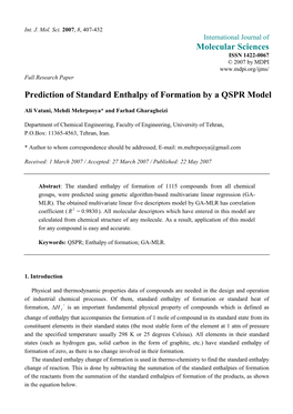 Molecular Sciences Prediction of Standard Enthalpy of Formation by a QSPR Model