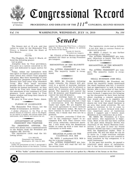 Congressional Record United States Th of America PROCEEDINGS and DEBATES of the 111 CONGRESS, SECOND SESSION