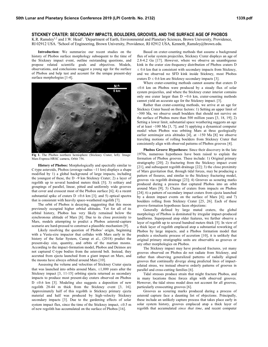 Stickney Crater: Secondary Impacts, Boulders, Grooves, and the Surface Age of Phobos K.R