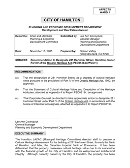 Recommendation to Designate 281 Herkimer Street, Hamilton, Under Part IV of the Ontario Heritage Act (PED05194) (Ward 1)