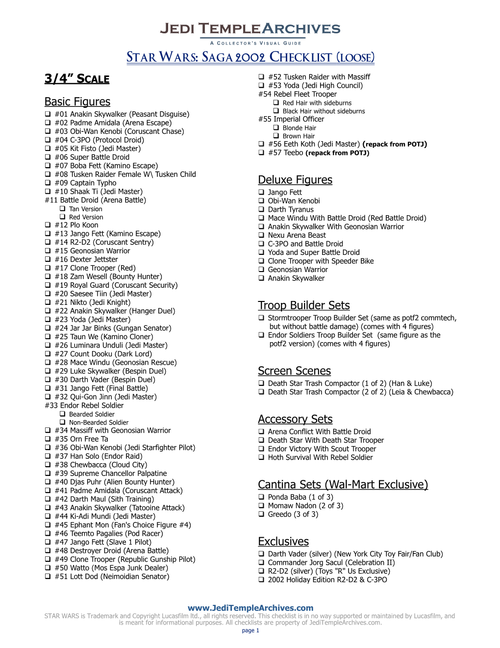 Star Wars: Saga 2002 Checklist (Loose)