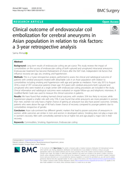 Clinical Outcome of Endovascular Coil Embolization for Cerebral Aneurysms in Asian Population in Relation to Risk Factors: a 3-Year Retrospective Analysis Saima Ahmad