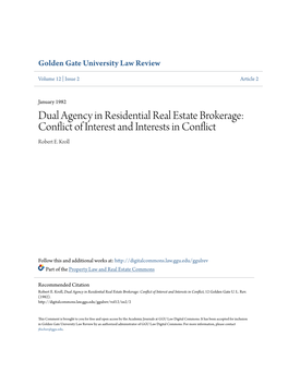 Dual Agency in Residential Real Estate Brokerage: Conflict of Interest and Interests in Conflict Robert E