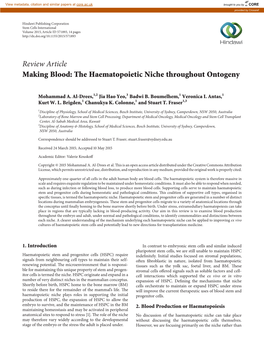 Review Article Making Blood: the Haematopoietic Niche Throughout Ontogeny