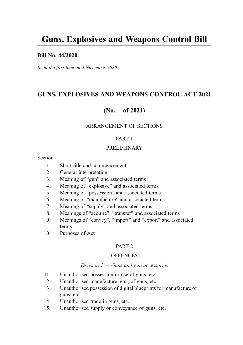Guns, Explosives and Weapons Control Bill