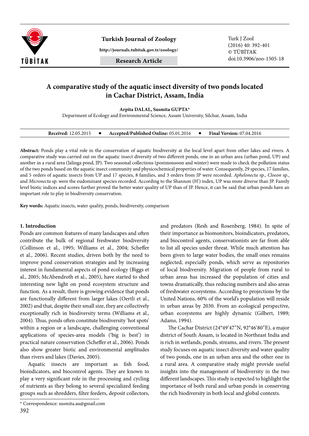 A Comparative Study of the Aquatic Insect Diversity of Two Ponds Located in Cachar District, Assam, India