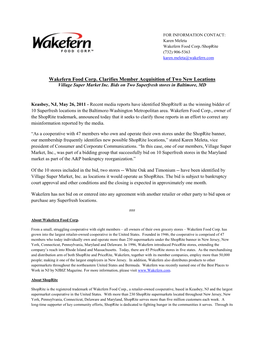 Wakefern Food Corp. Clarifies Member Acquisition of Two New Locations Village Super Market Inc