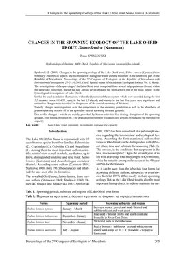 Changes in the Spawning Ecology of the Lake Ohrid Trout Salmo Letnica (Karaman)