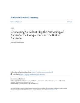 Concerning Sir Gilbert Hay, the Authorship of Alexander the Conquerour and the Buik of Alexander