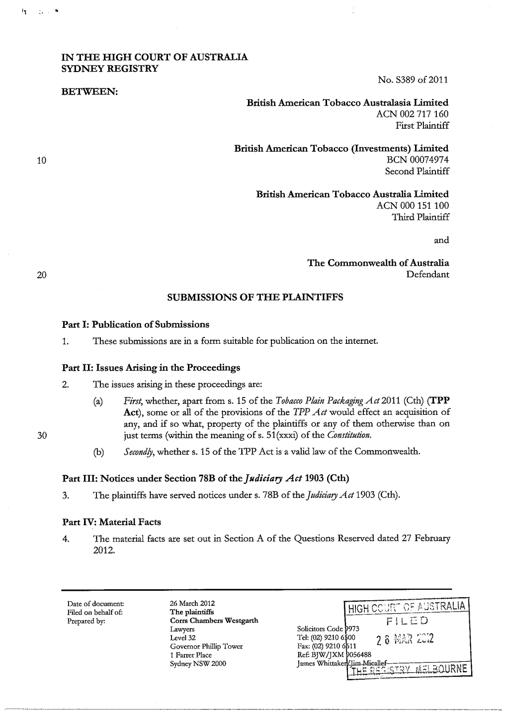 Submissions of the Plaintiffs