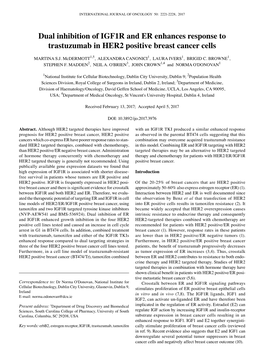 Dual Inhibition of IGF1R and ER Enhances Response to Trastuzumab in HER2 Positive Breast Cancer Cells