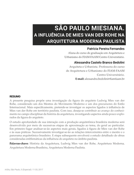 São Paulo Miesiana. a Influência De Mies Van Der Rohe Na Arquitetura Moderna Paulista