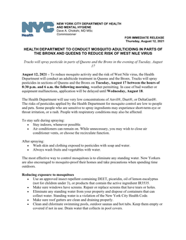 Health Department to Conduct Mosquito Adulticiding in Parts of the Bronx and Queens to Reduce Risk of West Nile Virus