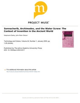 Sennacherib, Archimedes, and the Water Screw the Context of Invention in the Ancient World