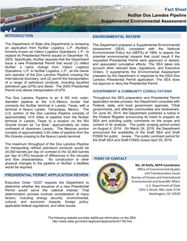 Fact Sheet Nustar Dos Laredos Pipeline Supplemental Environmental Assessment
