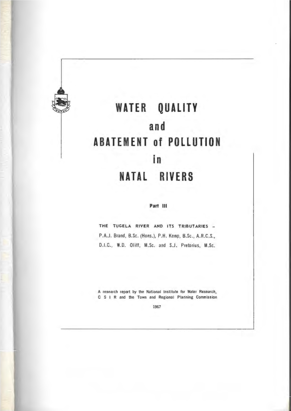 WATER QUALITY and ABATEMENT of POLLUTION NATAL RIVERS