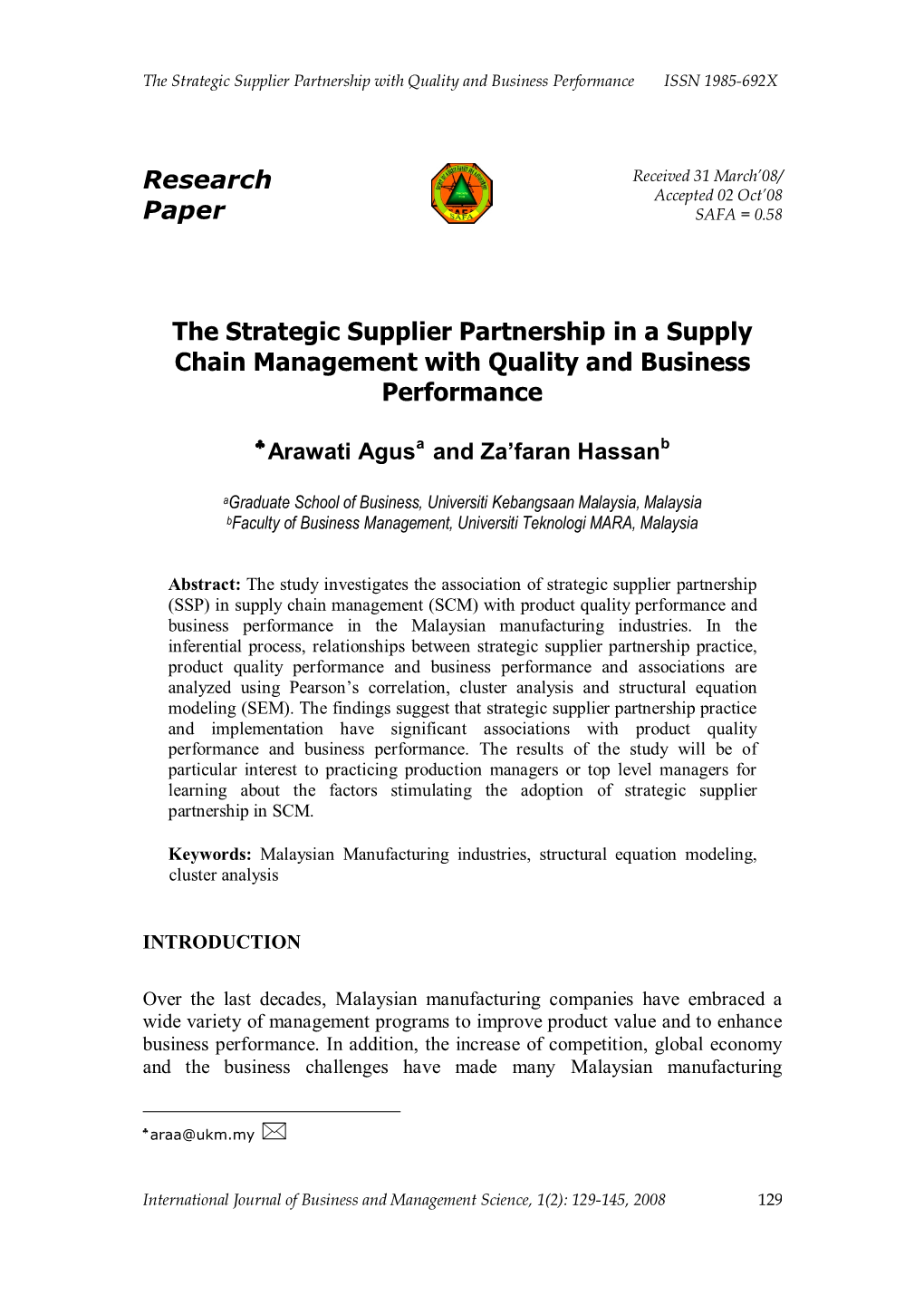 The Strategic Supplier Partnership in a Supply Chain Management with Quality and Business Performance