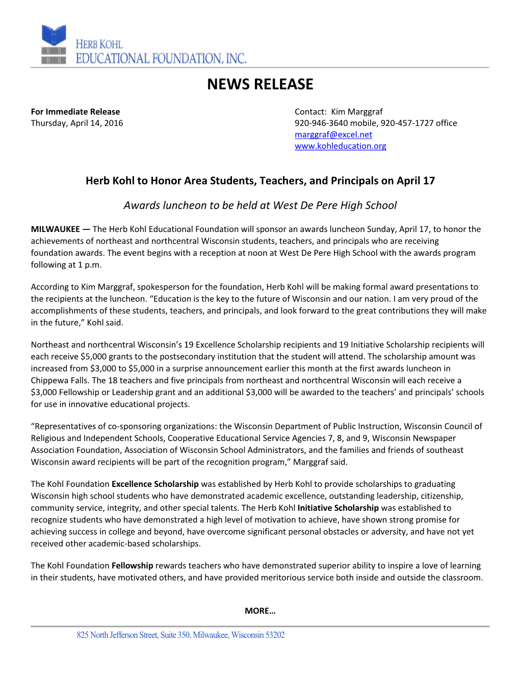 Herb Kohl to Honor Area Students, Teachers, and Principals on April 17