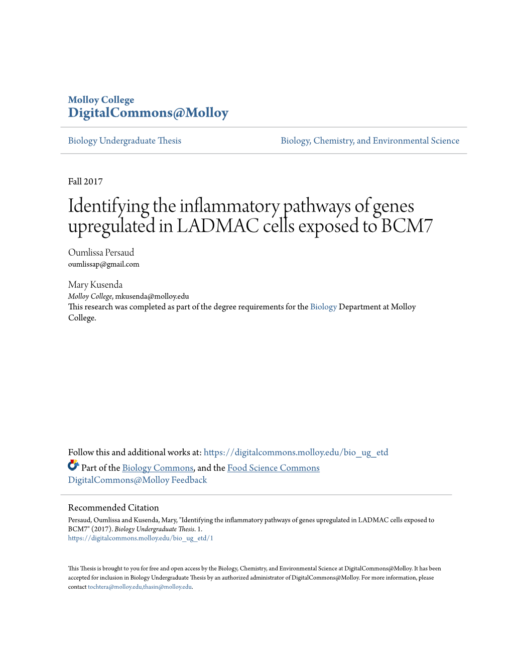 Identifying the Inflammatory Pathways of Genes Upregulated in LADMAC Cells Exposed to BCM7 Oumlissa Persaud Oumlissap@Gmail.Com