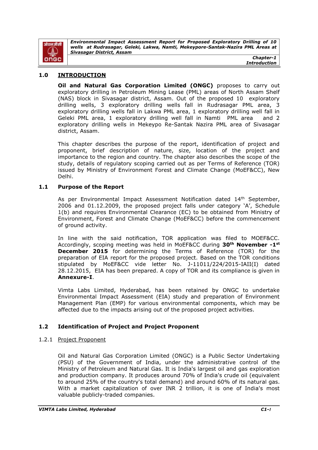 1.0 INTRODUCTION Oil and Natural Gas Corporation Limited (ONGC)