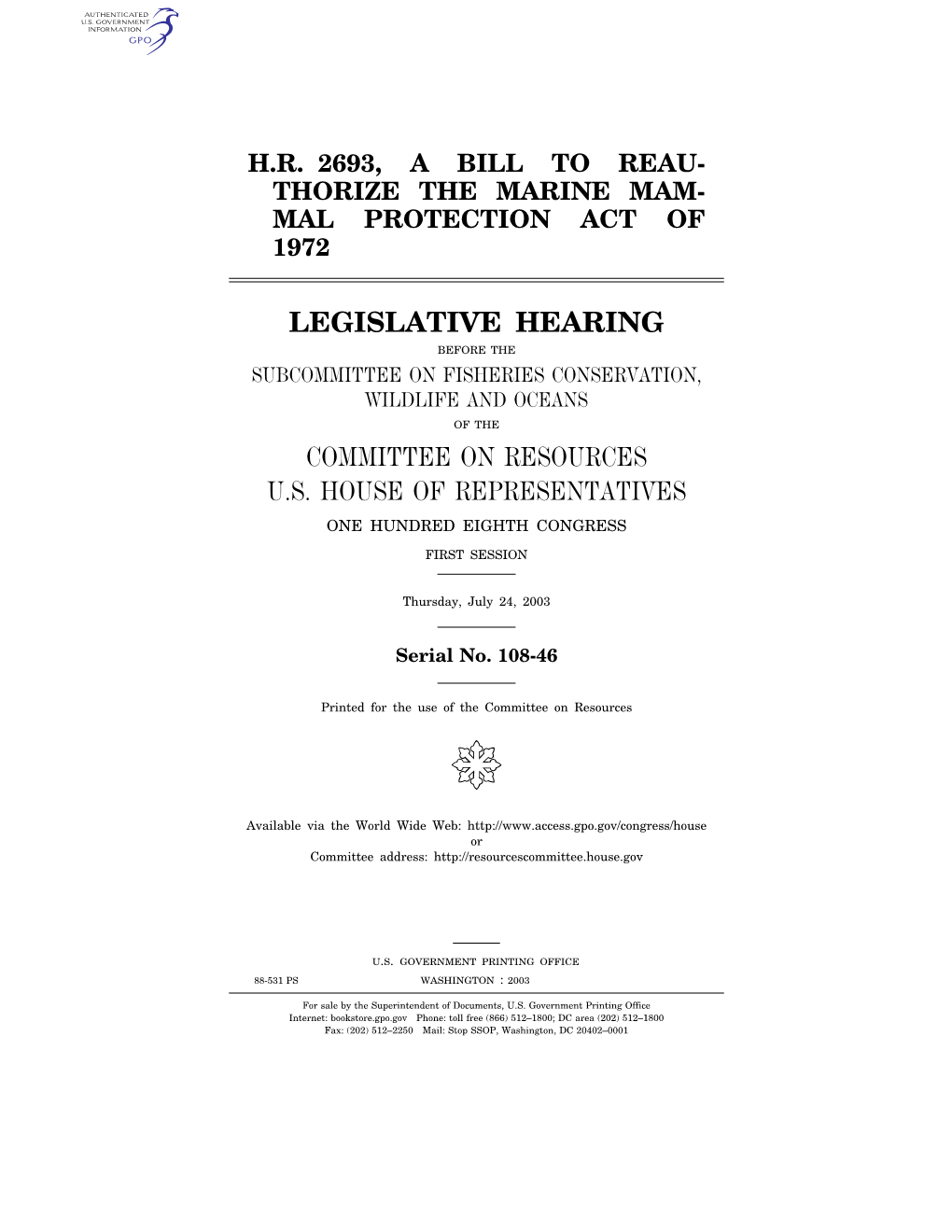 Legislative Hearing Committee on Resources U.S. House Of