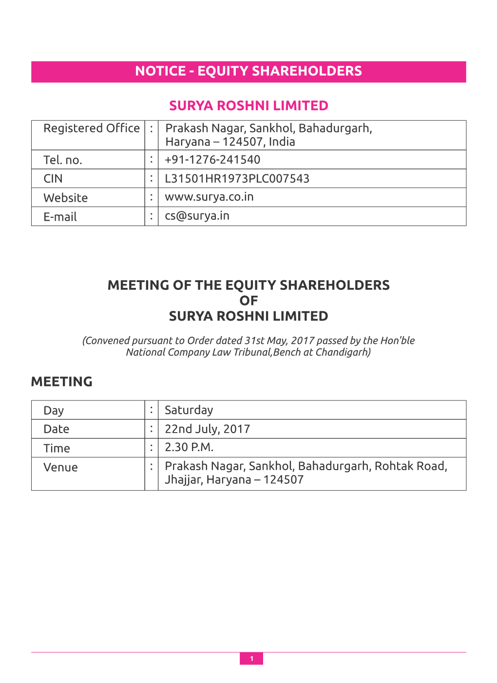 Notice for Equity Shareholders