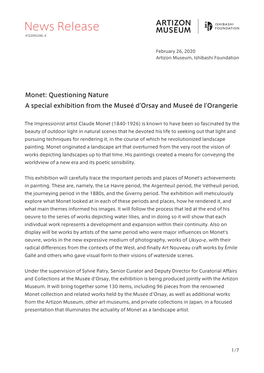Monet: Questioning Nature a Special Exhibition from the Museé D Orsay