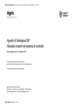 Agnello Di Sardegna IGP Allevatori Inseriti Nel Sistema Di Controllo Elenco Aggiornato Al 11 Dicembre 2014