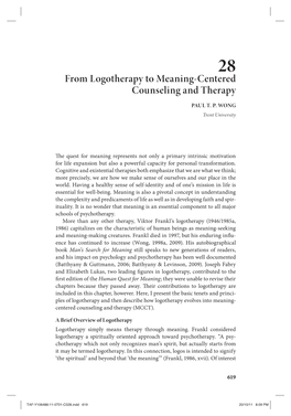 From Logotherapy to Meaning-Centered Counseling and Therapy