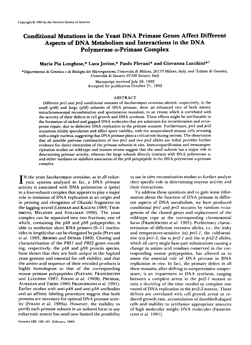 Conditional Mutations In The Yeast DNA Primase Genes Affect Different ...