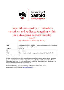Super Mario Seriality : Nintendo’S Narratives and Audience Targeting Within the Video Game Console Industry Smith, AN