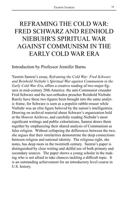 Fred Schwarz and Reinhold Niebuhr's Spiritual War Against Communism in the Early Cold War Era