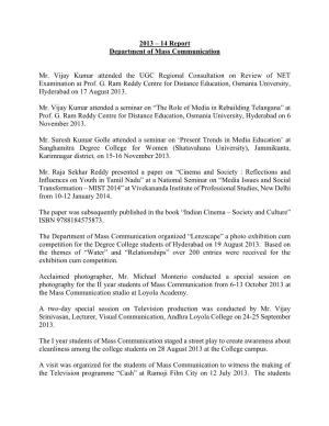2013 – 14 Report Department of Mass Communication Mr. Vijay Kumar