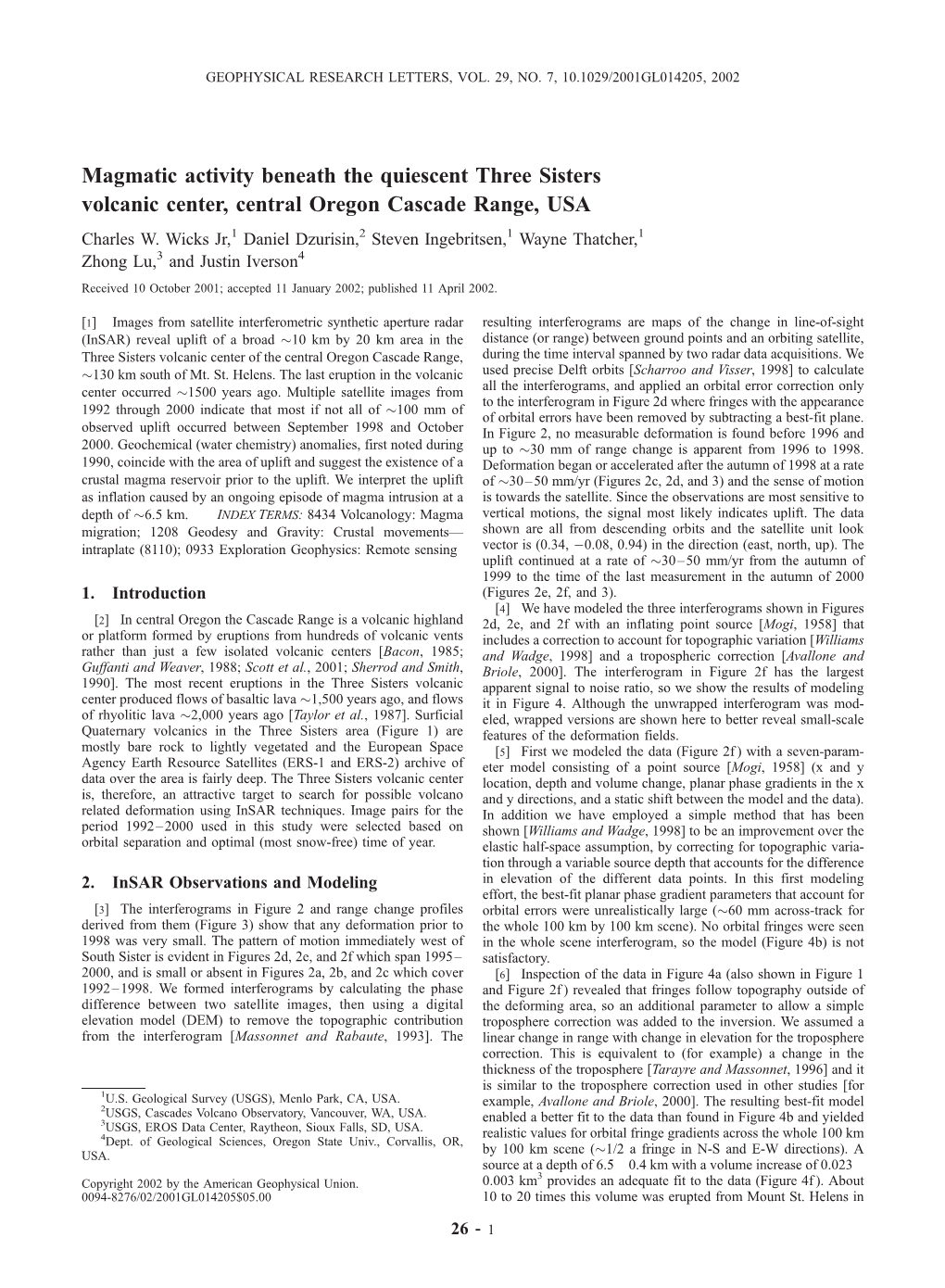 Magmatic Activity Beneath the Quiescent Three Sisters Volcanic Center, Central Oregon Cascade Range, USA Charles W