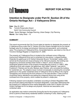 Intention to Designate Under Part IV, Section 29 of the Ontario Heritage Act – 2 Valleyanna Drive