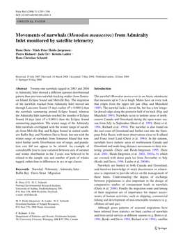Movements of Narwhals (Monodon Monoceros) from Admiralty Inlet Monitored by Satellite Telemetry