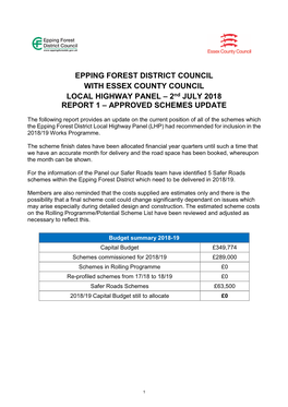 EPPING FOREST DISTRICT COUNCIL with ESSEX COUNTY COUNCIL LOCAL HIGHWAY PANEL – 2Nd JULY 2018 REPORT 1 – APPROVED SCHEMES UPDATE