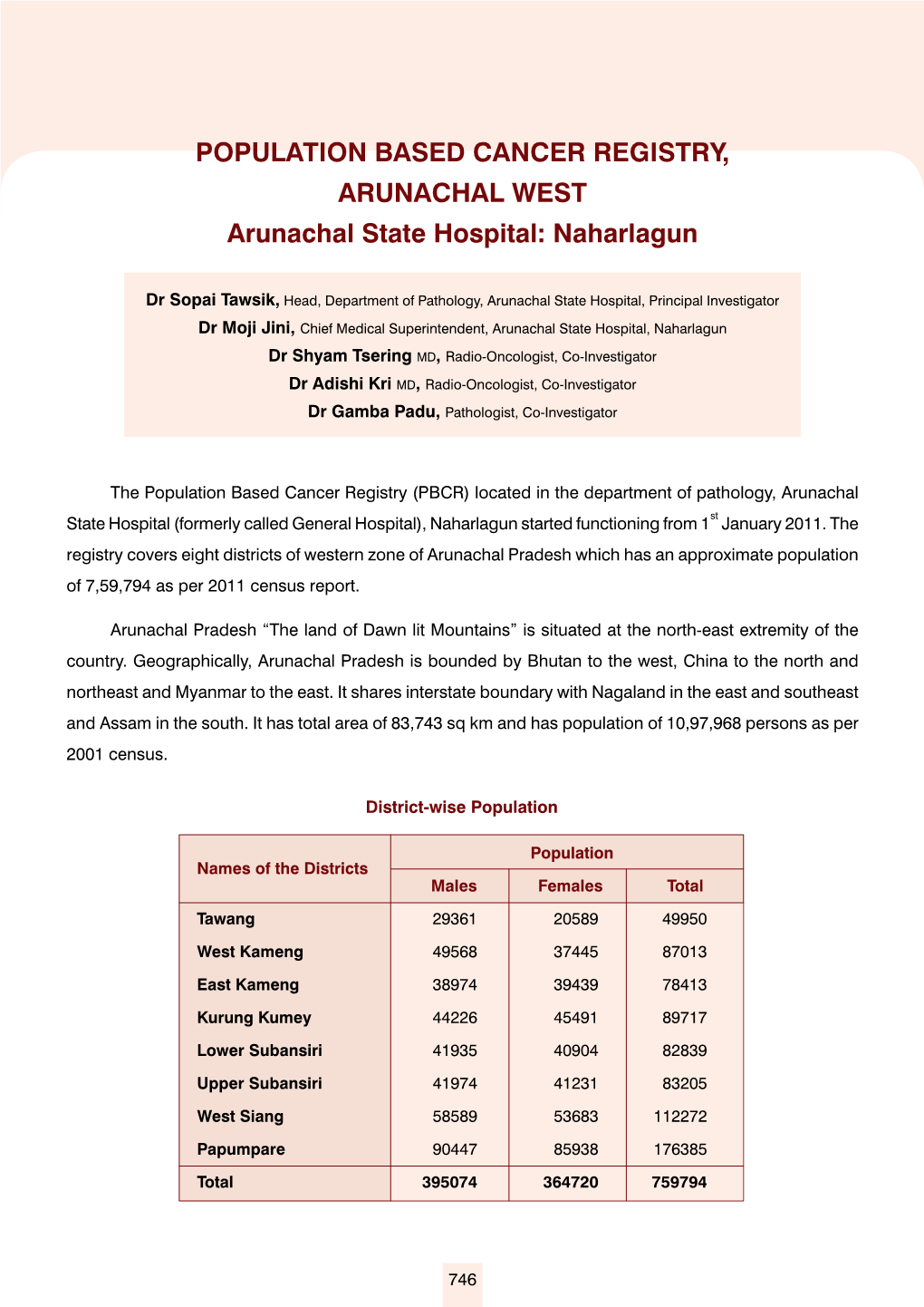 POPULATION BASED CANCER REGISTRY, ARUNACHAL WEST Arunachal State Hospital: Naharlagun