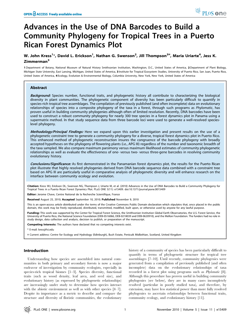 Advances in the Use of DNA Barcodes to Build a Community Phylogeny for Tropical Trees in a Puerto Rican Forest Dynamics Plot