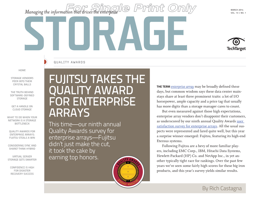 Fujitsu Takes the Quality Award for Enterprise Arrays