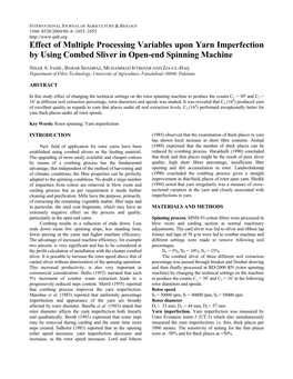 Effect of Multiple Processing Variables Upon Yarn Imperfection by Using Combed Sliver in Open-End Spinning Machine