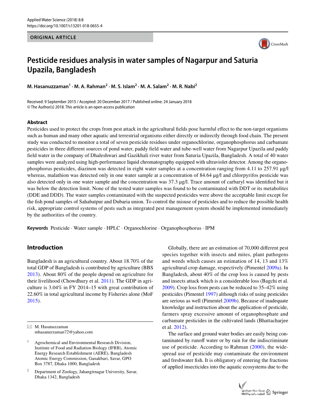 Pesticide Residues Analysis in Water Samples of Nagarpur and Saturia Upazila, Bangladesh