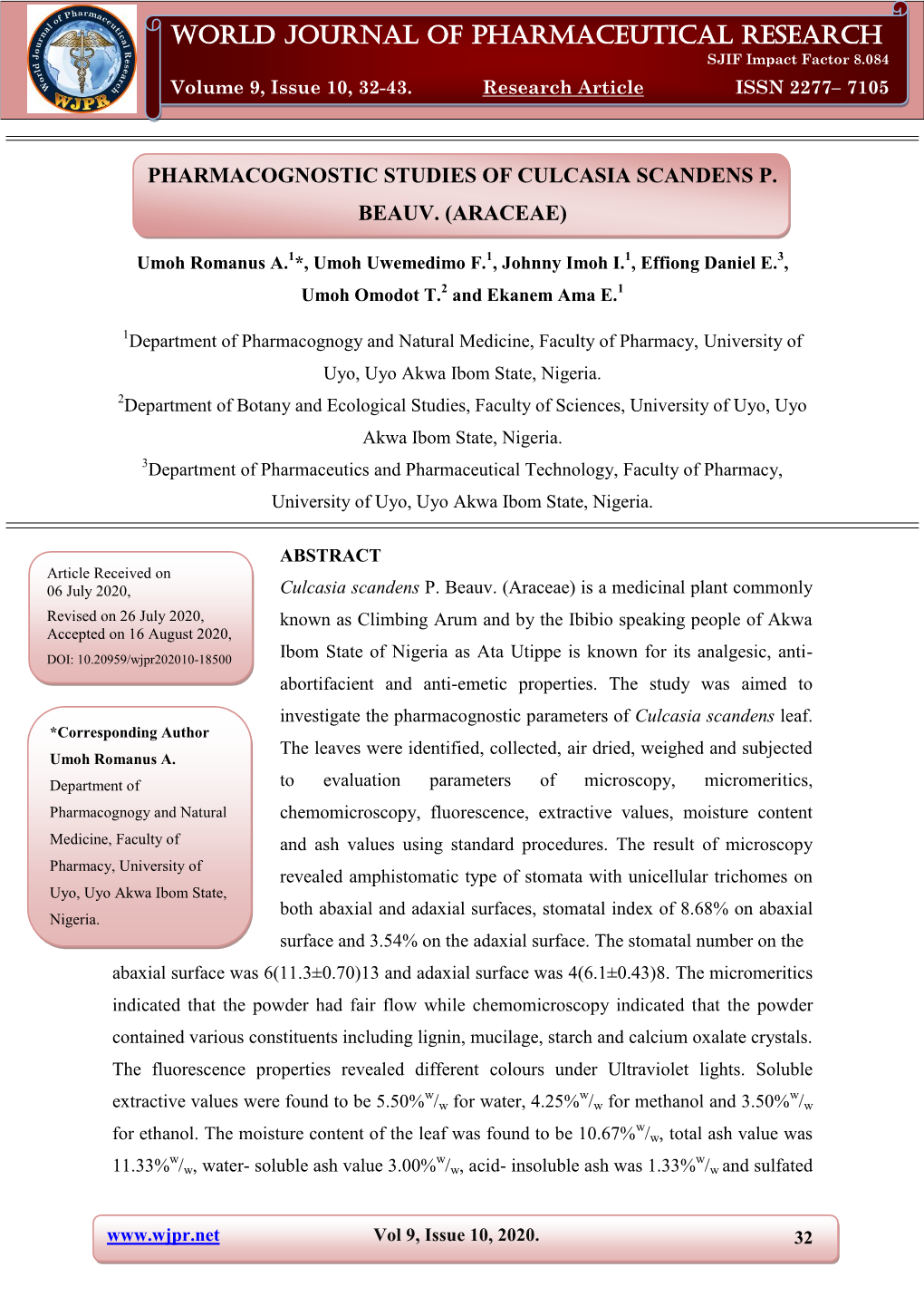 World Journal of Pharmaceutical Research Umoh Et Al