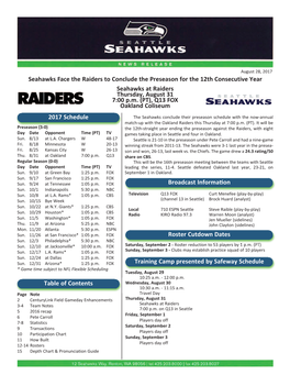 Seahawks at Raiders Thursday, August 31 7:00 Pm