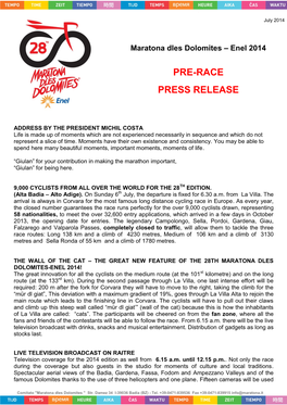 Pre-Race Press Release
