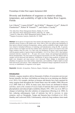 Diversity and Distribution of Seagrasses As Related to Salinity, Temperature, and Availability of Light in the Indian River Lagoon, Florida