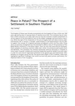 Peace in Patani? the Prospect of a Settlement in Stability Southern Thailand